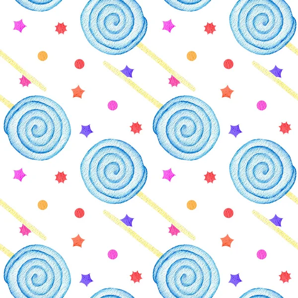 Sweet candies illustration. Watercolor candy seamless pattern. Caramel stick. Blue spiral round candy on a stick. Colorful lollipops. Painting watercolor. — Stock fotografie