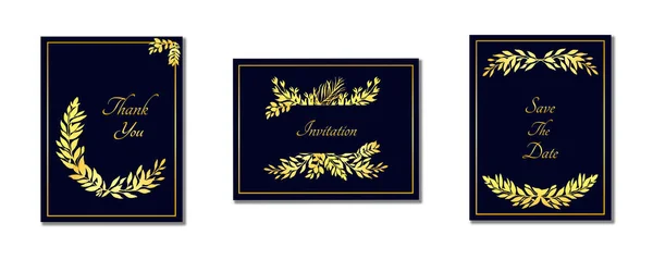 Definir cartão de convite de casamento. Com gradiente dourado deixa em uma moldura quadrada em um fundo azul escuro. Parabéns. Obrigado. Guarda a data. Convite. — Fotografia de Stock