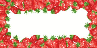 Olgun çileklerle suluboya çerçeve. Çilekli, yatay bir çerçeve. Reçel, meyve suyu ve reçel tasarımı için.