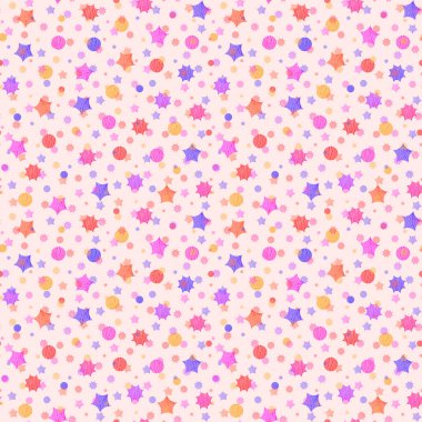 Küçük yıldızlı, dişli ve daireli soyut dikişsiz suluboya deseni. Bebek ambalajı, hediye paketi, doğum günü, tatiller için tasarım. Pembe arkaplan