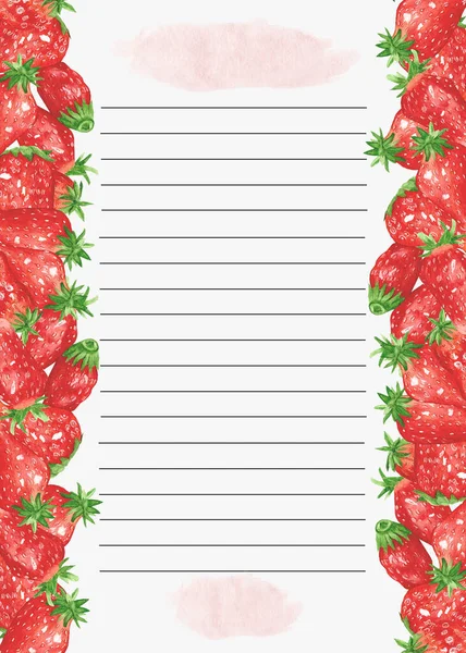 Recipe page template. Cookbook page template. Sheet of paper in a line Watercolor recipe page with strawberry decor. Page for culinary book. Page with strawberries for recipes, desserts. — Stock Photo, Image