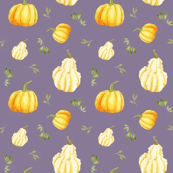 Akwarela jesień dynia bezszwowy wzór na delikatnym fioletowym tle. Pomarańczowa okrągła dynia z liśćmi i brodatą gruszką. Projektowanie menu i wydruków. Cucurbita pepo — Zdjęcie stockowe