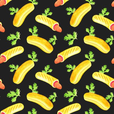 Fransız sosislisi ve maydanozlu suluboya desenli. Sağlıksız yemek, kalori. Fransız sosisi. Fast food. Menü ve ambalaj için tasarım.