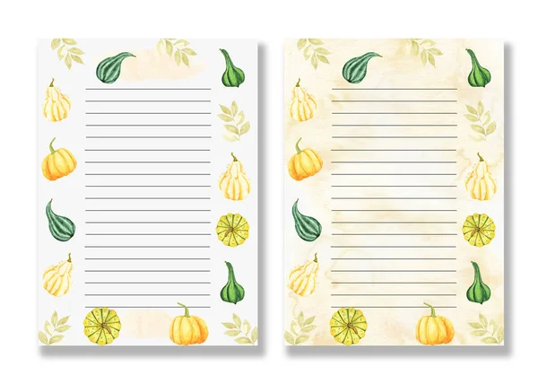 Watercolor vegetable template for writing recipes. Outlined blank note sheet template. Blank page with pumpkins for menu or entries. Design for a cookbook. Falling pumpkin.