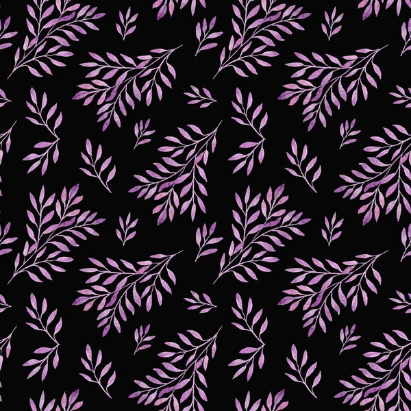 Fundo aquarela com folhas roxas em um fundo preto. Patrão aquarela com ramos e folhas lilás. Padrão folhoso abstrato. Projeto para têxteis, artigos de papelaria. — Fotografia de Stock