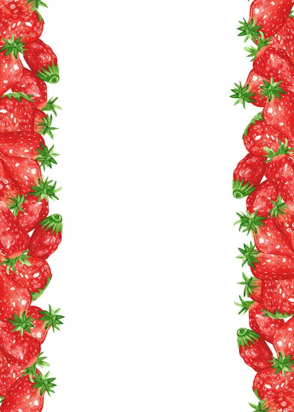 Watercolor vertical Strawberry border. Design for labels on cans with canned food. Healthy eating. Ripe strawberries, dessert. — Stock Photo, Image