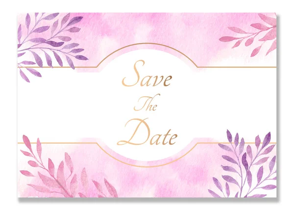 Wedding Invitation cards. Invitation cards with pink and purple twigs. Invitation, greeting cards, banners in watercolor spots. Watercolor pink splashes. Templates — Stock Photo, Image