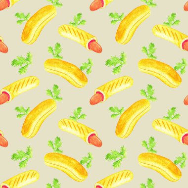 Sosisli sandviç, çörek ve maydanozlu suluboya desenli. Sağlıksız yemek, kalori. Fransız sosisi. Fast food. Menü ve ambalaj için tasarım.