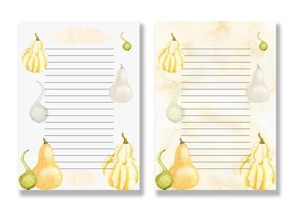 Modèle aquarelle avec des citrouilles pour écrire des recettes. Modèle de feuille de note vierge esquissé. Page blanche avec citrouilles rondes jaunes aquarelle pour menu ou entrées. Conception d'un livre de cuisine. Citrouille tombante. — Photo