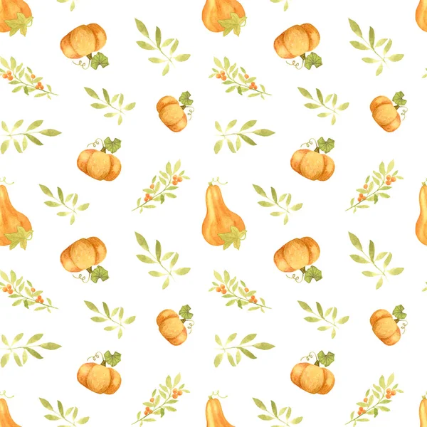Aquarelle motif d'automne avec des citrouilles et des feuilles orange. Conception d'automne pour les célébrations de Thanksgiving et Halloween. Pour le papier d'emballage, la papeterie et félicitations. — Photo