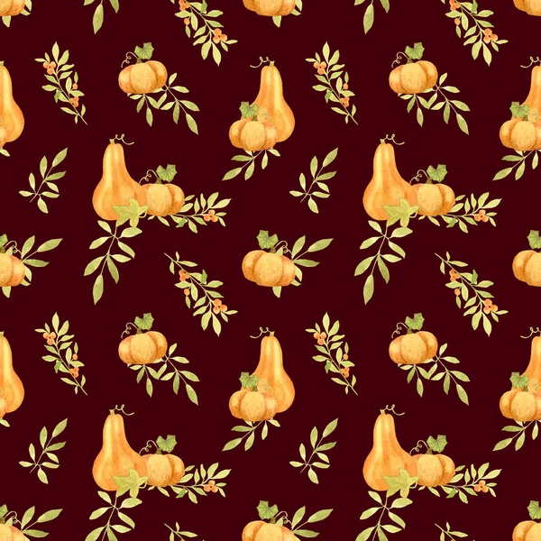 Aquarelle motif d'automne avec une composition de citrouilles et de feuilles. Conception d'automne pour les célébrations de Thanksgiving et Halloween. Pour le papier d'emballage, la papeterie et félicitations. — Photo