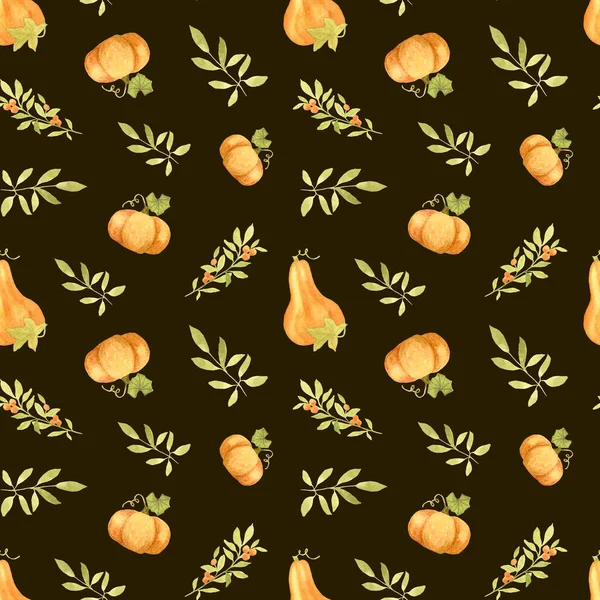 Aquarelle motif automne avec citrouilles orange et feuilles sur un fond noir. Conception d'automne pour les célébrations de Thanksgiving et Halloween. Pour le papier d'emballage, la papeterie et félicitations. — Photo