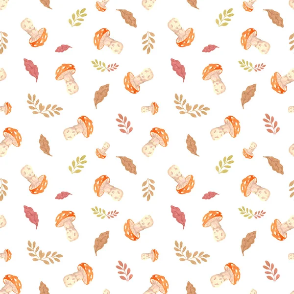 Patrón sin costura de setas de otoño acuarela. Patrón con champiñones amanita y hojas de árbol sobre un fondo blanco. Diseño de otoño para embalaje, papel de embalaje, papelería y scrapbooking. —  Fotos de Stock