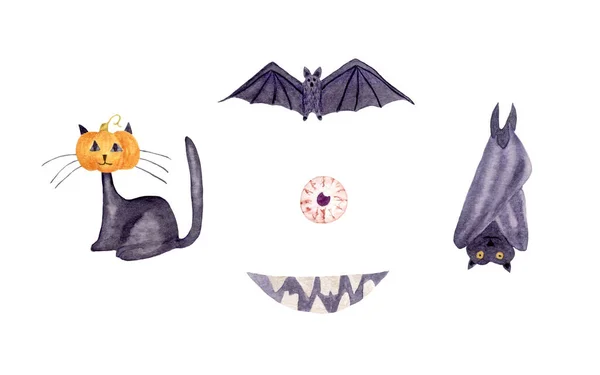 Акварель Хэллоуин набор с котом, летучие мыши, выколотые глаза и зубчатая улыбка. Набор для наклеек и наклеек. — стоковое фото