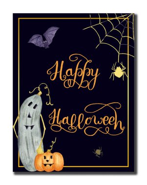 Cadılar Bayramı. Mektup. Mutlu cadılar bayramı mektupları suluboya kartlar. Kabaklı kartlar, örümcek ağları ve karanlık arka planda bir yarasa..