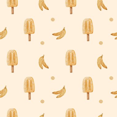 Yaz Dondurması Arkaplanı. Meyveli dondurmayla kusursuz suluboya deseni. Menü ve tekstil, ambalaj, hatıra defteri ve kırtasiye için tasarım.