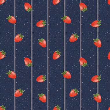 Dikey çizgili ve noktalı arkaplanda olgun çilek içeren suluboya desenleri. Tekstil, ambalaj, kırtasiye ve ev dekorasyonu için ideal