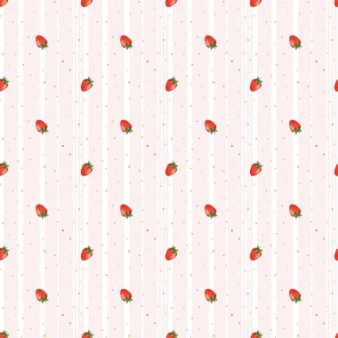 Dikey çizgili ve noktalı arkaplanda olgun çilek içeren suluboya desenleri. Tekstil, ambalaj, kırtasiye ve ev dekorasyonu için ideal