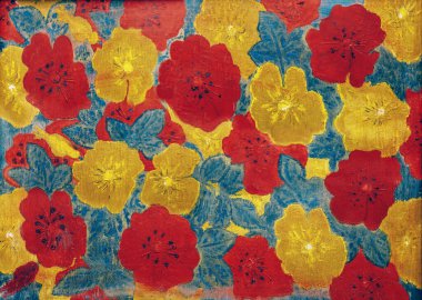 Kırmızı ve sarı çiçeklerle boyama, haşhaş ve yeşil yapraklar, çatlamış doku, el yapımı.