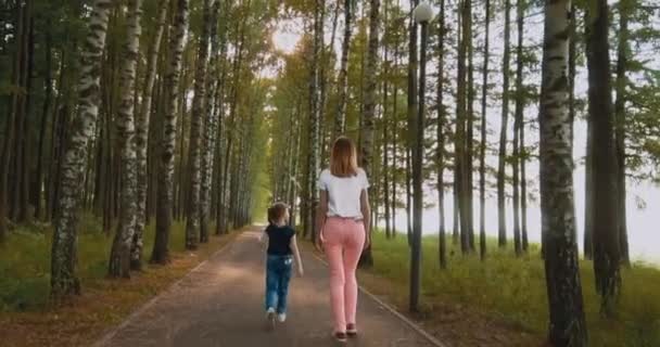 Мама Дочь Ходят Тропинке Парке Гуляют Свежем Воздухе Летний Солнечный — стоковое видео