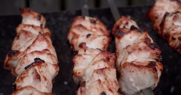 チキンケバブはグリルで揚げられ 肉の破片が串に刺さって調理されます 路上で肉を調理する — ストック動画