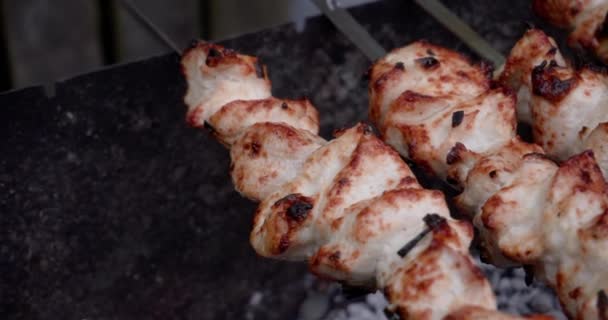 Kuřecí Kebab Smaží Grilu Kousky Masa Umístí Špejli Vaření Vaření — Stock video