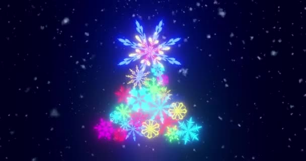 Albero Natale Diversi Colori Incandescente Filatura Diverse Direzioni Fiocchi Neve — Video Stock