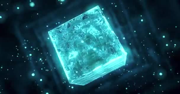 Cubo Gelo Voando Espaço Sobre Fundo Preto Partículas Brilhantes Voam — Vídeo de Stock