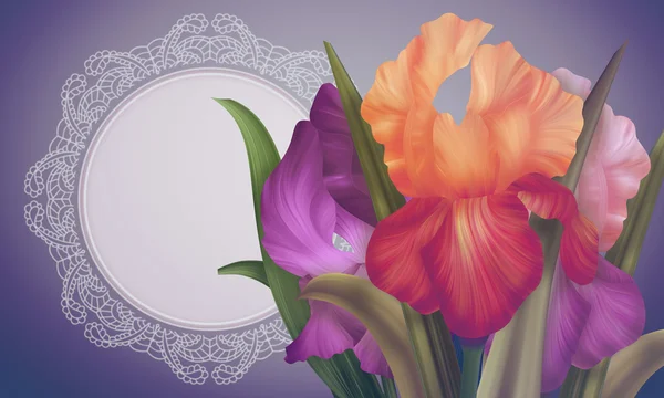 Iris květiny s krajkovým rám — Stock fotografie