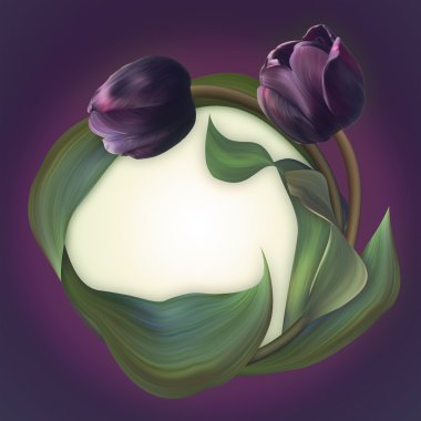 Güzel yeşil çerçeve içinde siyah Lale çifti. Benzersiz afiş