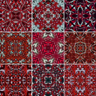 Moda kırmızı süs desenleri kümesi. Dikişsiz desen