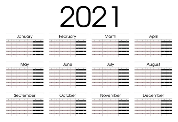 Calendario 2021 Planificador 2021 Años Plantilla Diseño Calendario Calendario Inglés — Vector de stock