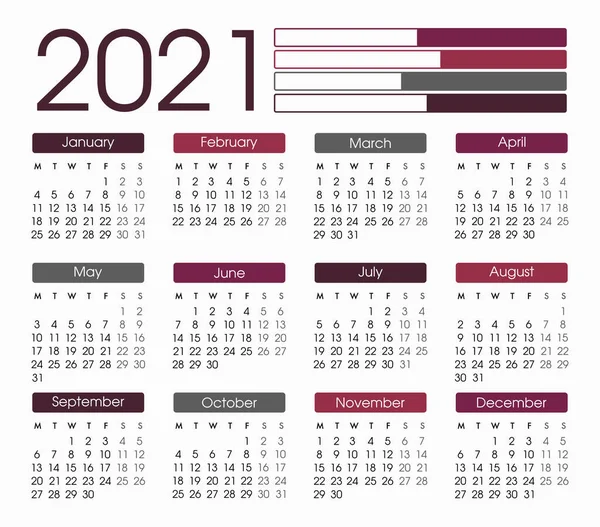 Calendario 2021 Planificador 2021 Años Plantilla Diseño Calendario Calendario Inglés — Vector de stock