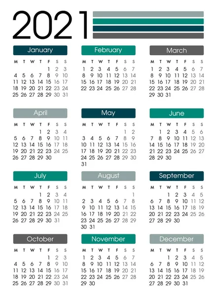 Calendario 2021 Planificador 2021 Años Plantilla Diseño Calendario Calendario Inglés — Vector de stock