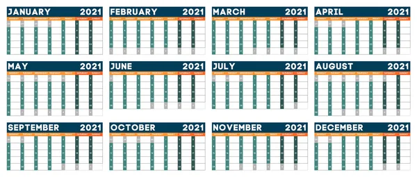 Calendario 2021 Planificador 2021 Años Plantilla Diseño Calendario Calendario Inglés — Vector de stock