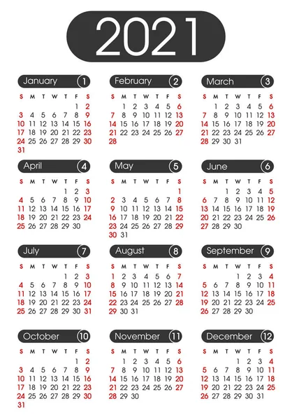 Календарь 2021 Планировщик 2021 Год Шаблон Дизайна Календаря Английский Календарь — стоковый вектор