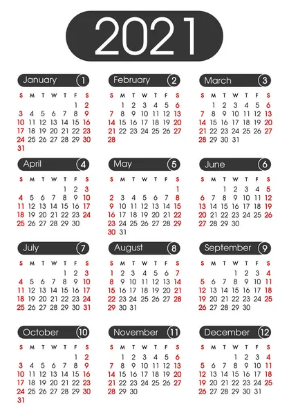 Calendario 2021 Planificador 2021 Años Plantilla Diseño Calendario Calendario Inglés — Vector de stock