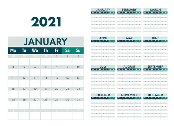2021 Planificador Calendario Planificador 2021 Años Plantilla Diseño Calendario Calendario — Vector de stock