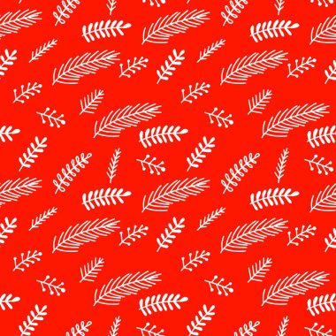 Yeni yıl desenli modern stil kırmızı doku. Firavun Ağacı dalı. Noel simgeleri kusursuz desen. Vektör
