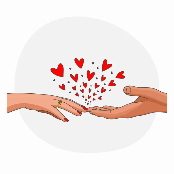 Desenho Vetorial Duas Mãos Toque Mão Amor Coração — Vetor de Stock
