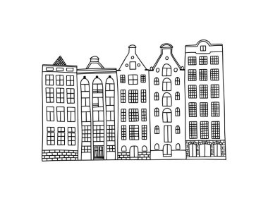 Amsterdam city outline. ity houses. Vector doodle drawing.