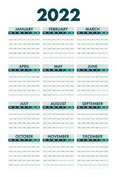 Calendario 2022 Planificador 2022 Años Plantilla Diseño Calendario Calendario Inglés — Vector de stock
