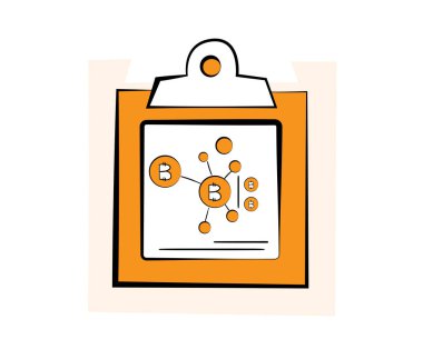 Bitcoin kripto para birimine sahip belge parçası. El çizimi çizgi film tasarımı. İş münferit vektör illüstrasyonu. Eğitim belgeleri, kağıt işleri.