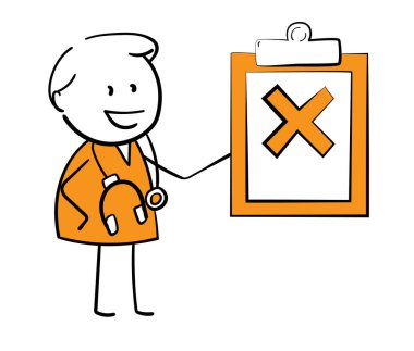 Coronavirus ve covid-19. Doodle Man Doctor 'un elinde kötü sağlık raporu var. Boy Hand karalama çizgisi çizmiş. Çizgi film tasarımı karakteri. Sağlık ve ilaç. İzole edilmiş vektör illüstrati.