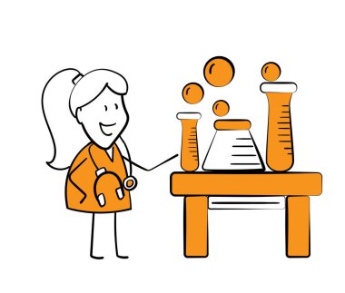 Coronavirus ve covid-19. Sağlık aşısı araştırması için laboratuvar tüpleri olan kadın doktor. El çizimi karalama çizimi çizgi film tasarım karakteri. Sağlık ve ilaç. Virüs yardımı