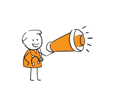 Adam doktor elinde megafon hoparlörü tutuyor. El çizimi karalama çizgisi çizgi film karakteri tasarımı. Coronavirus ve covid-19. Sağlık ve ilaç. İzole edilmiş vektör illüstrasyonu