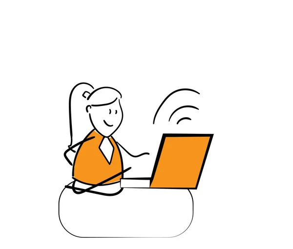 Žena Pracující Domácí Kanceláři Ručně Kreslený Znak Sedící Místnosti Izolované — Stockový vektor