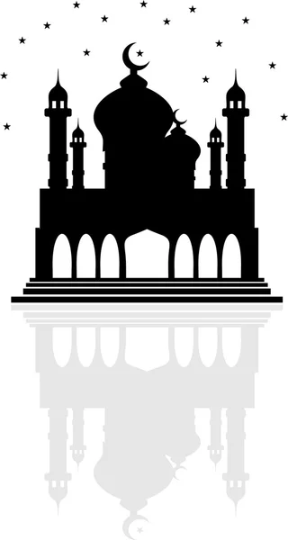 Mezquita religiosa con luna creciente y estrellas, y reflejo de las dos cúpulas — Vector de stock