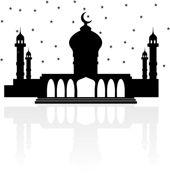 Mezquita religiosa con luna creciente y estrellas, y un reflejo — Vector de stock