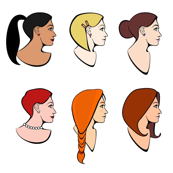 Vektor-Reihe von Illustrationen Kopf Mädchen mit verschiedenen Frisuren und unterschiedlicher Haarfarbe — Stockvektor